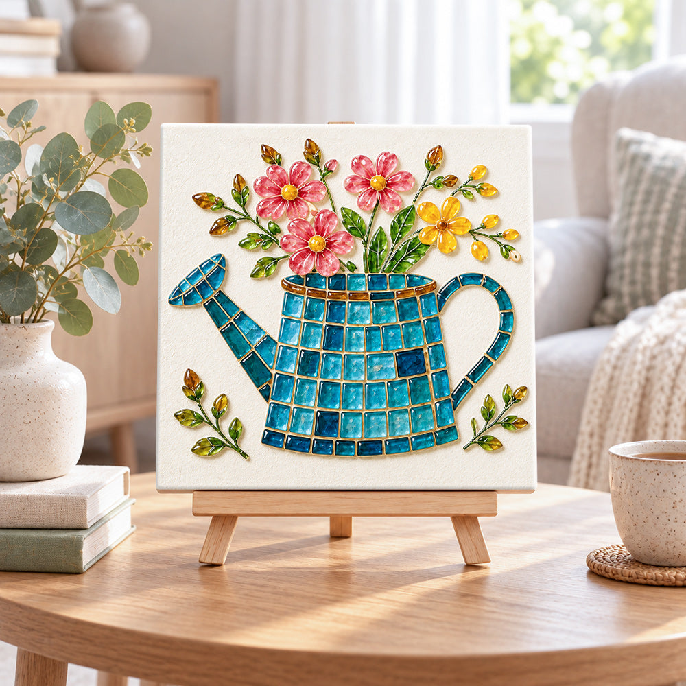 Watering can blooms sea glass art kit displayed as seasonal home decor
