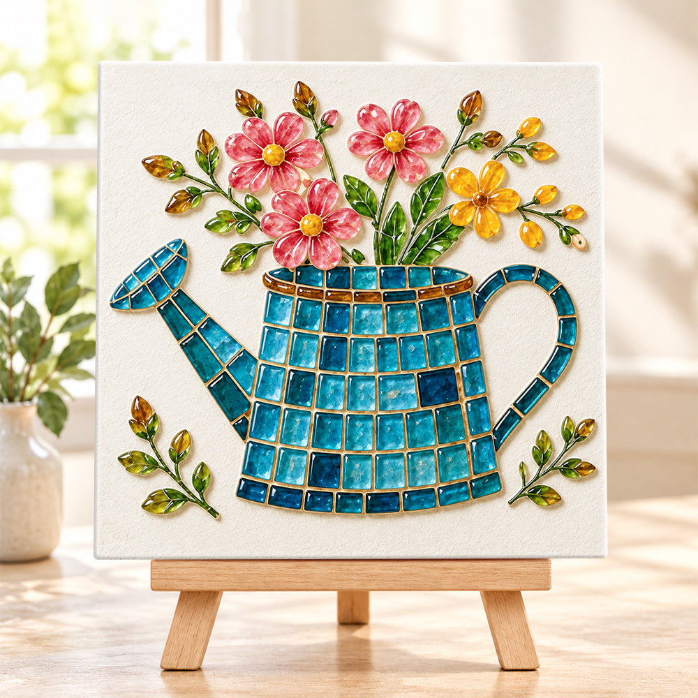 Watering can blooms sea glass art kit finished artwork on display
