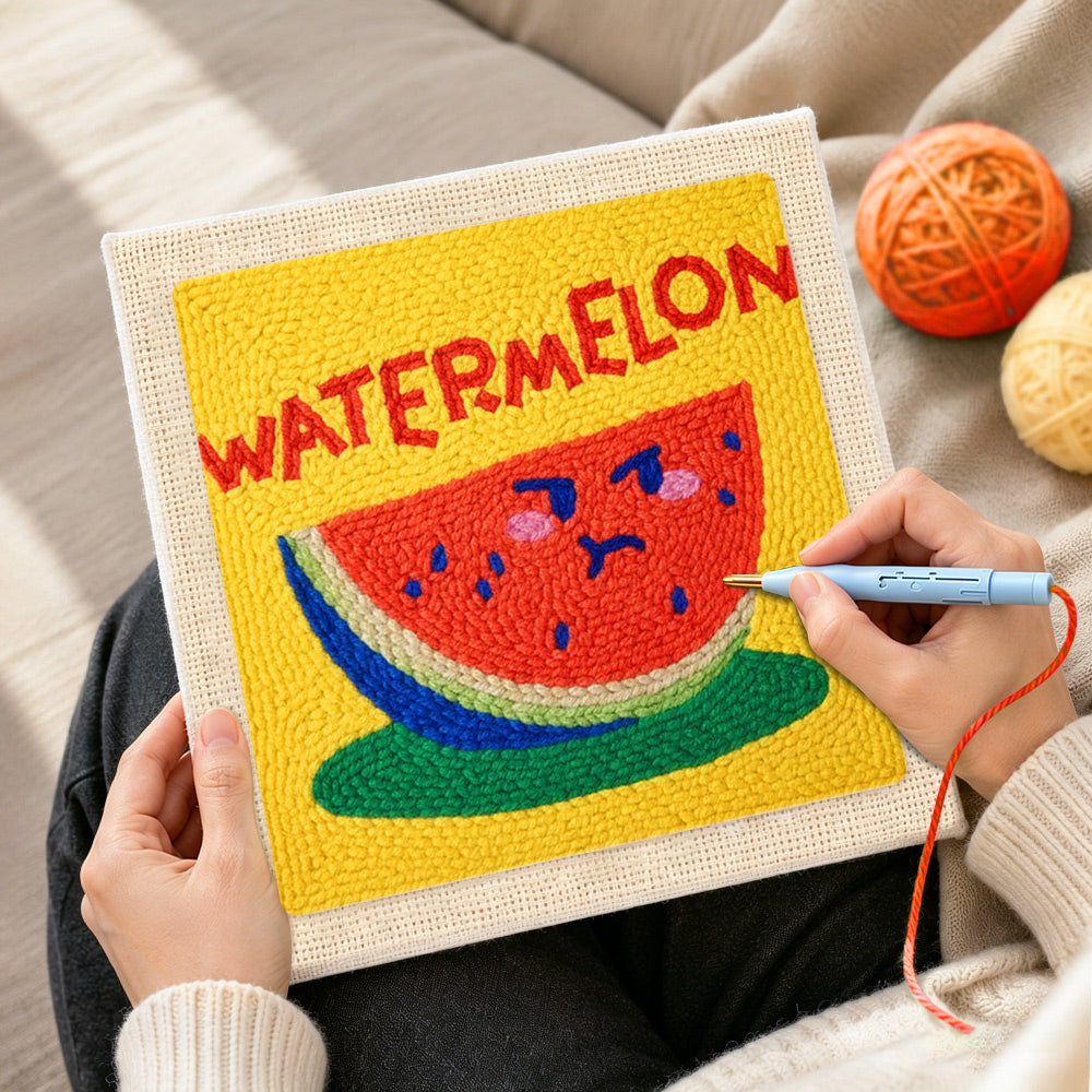Creating handmade watermelon with cute face punch needle artwork