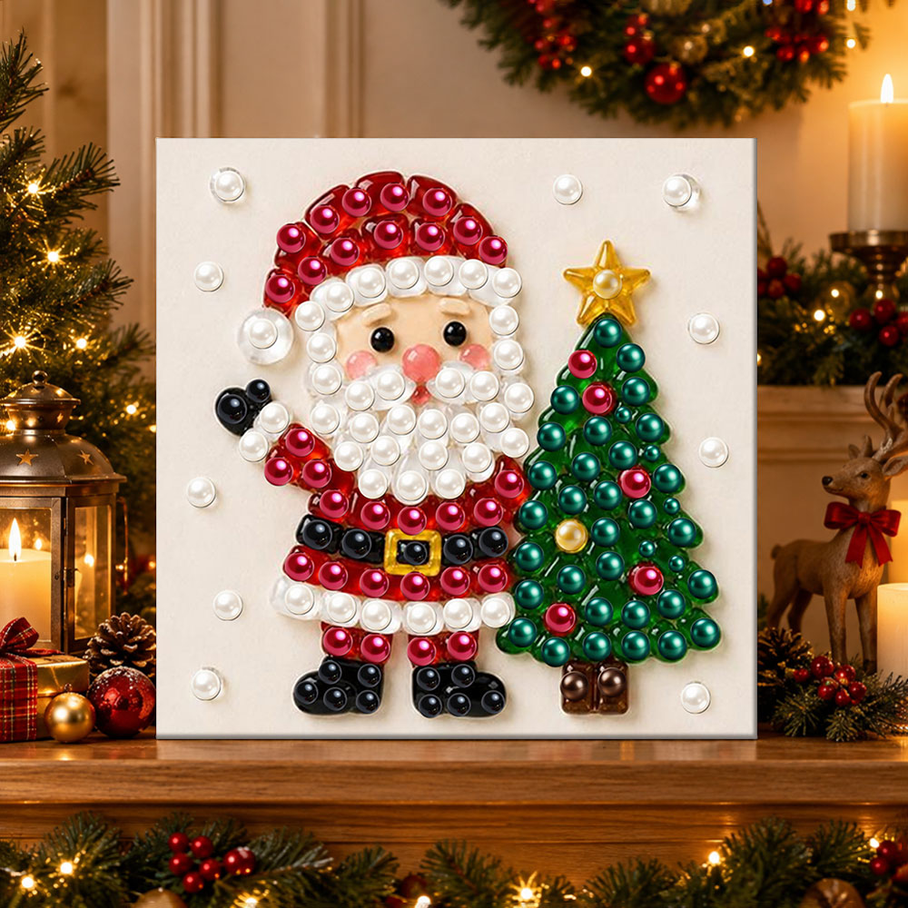 Finished waving santa beside christmas tree pearl diamond painting artwork displayed as holiday home decor