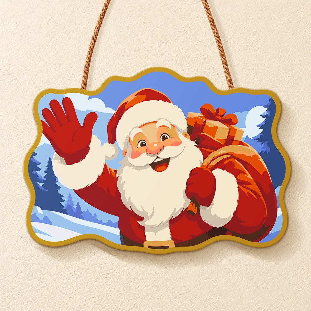 Waving santa gift bag paint by numbers door hanger finished design