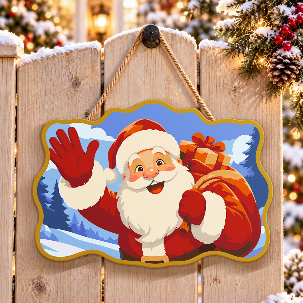 Waving santa gift bag paint by numbers door hanger on a garden gate