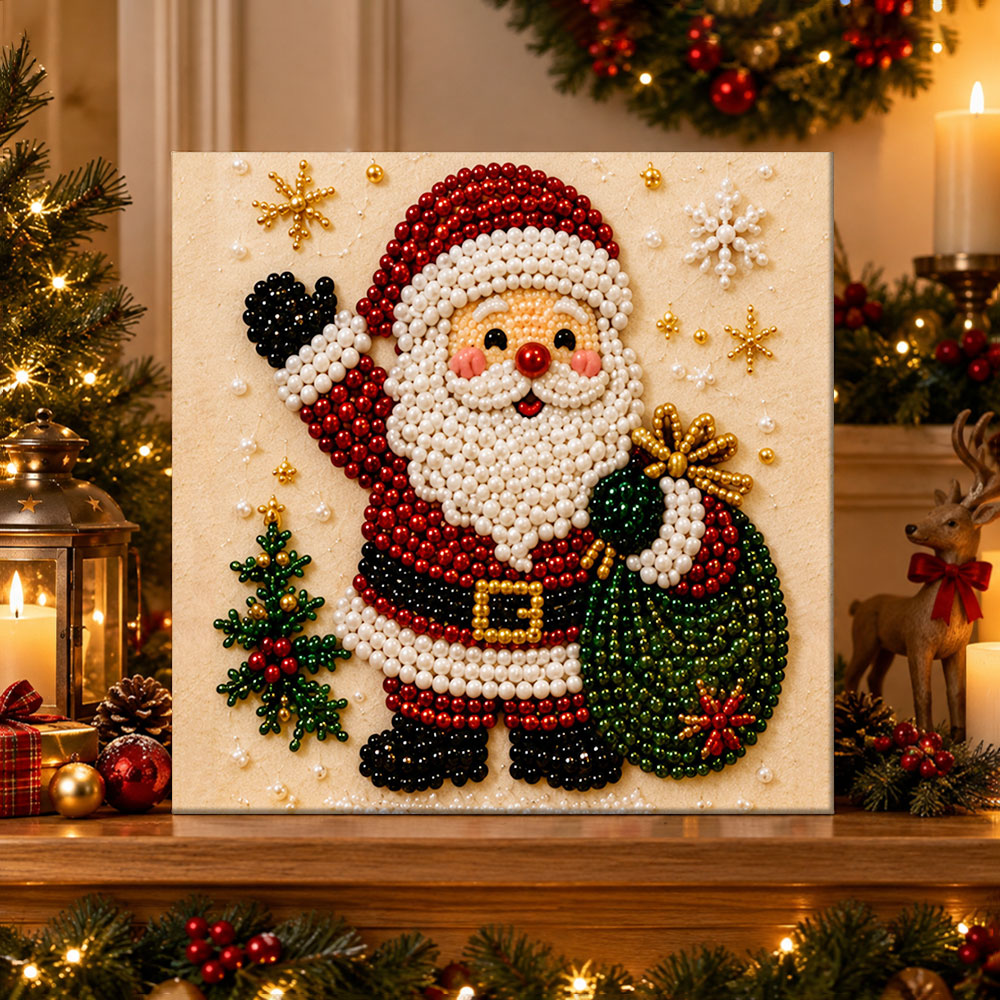 Finished waving santa holding gift sack pearl diamond painting artwork displayed as holiday home decor