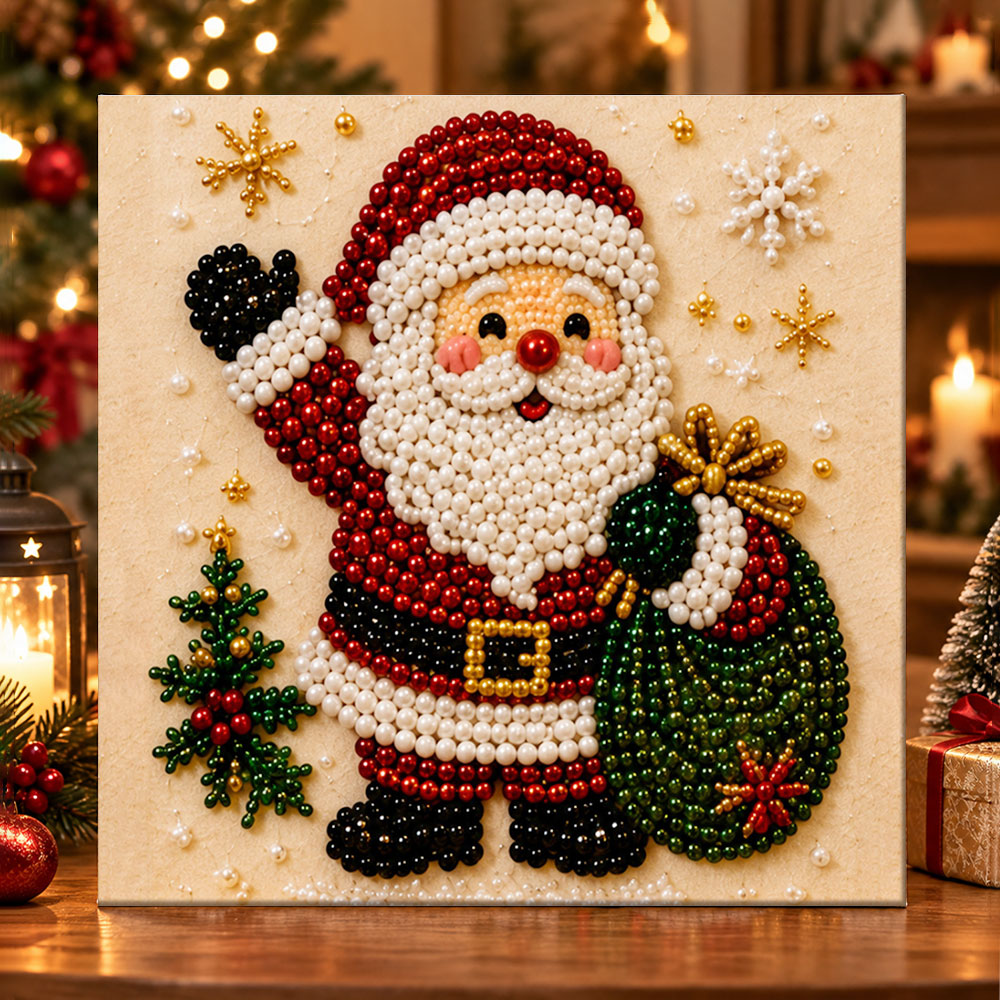 Waving santa holding gift sack pearl diamond painting kit for beginners