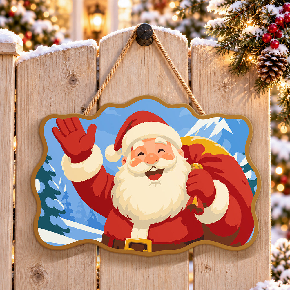 Waving santa with bell paint by numbers door hanger on a garden gate