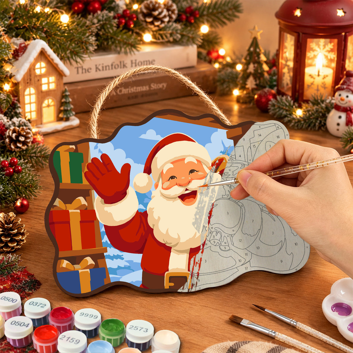 Waving santa with gift sack paint by numbers door hanger painting process
