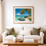 Finished weathered blue boat on tropical sandy beach cross stitch artwork displayed as home decor