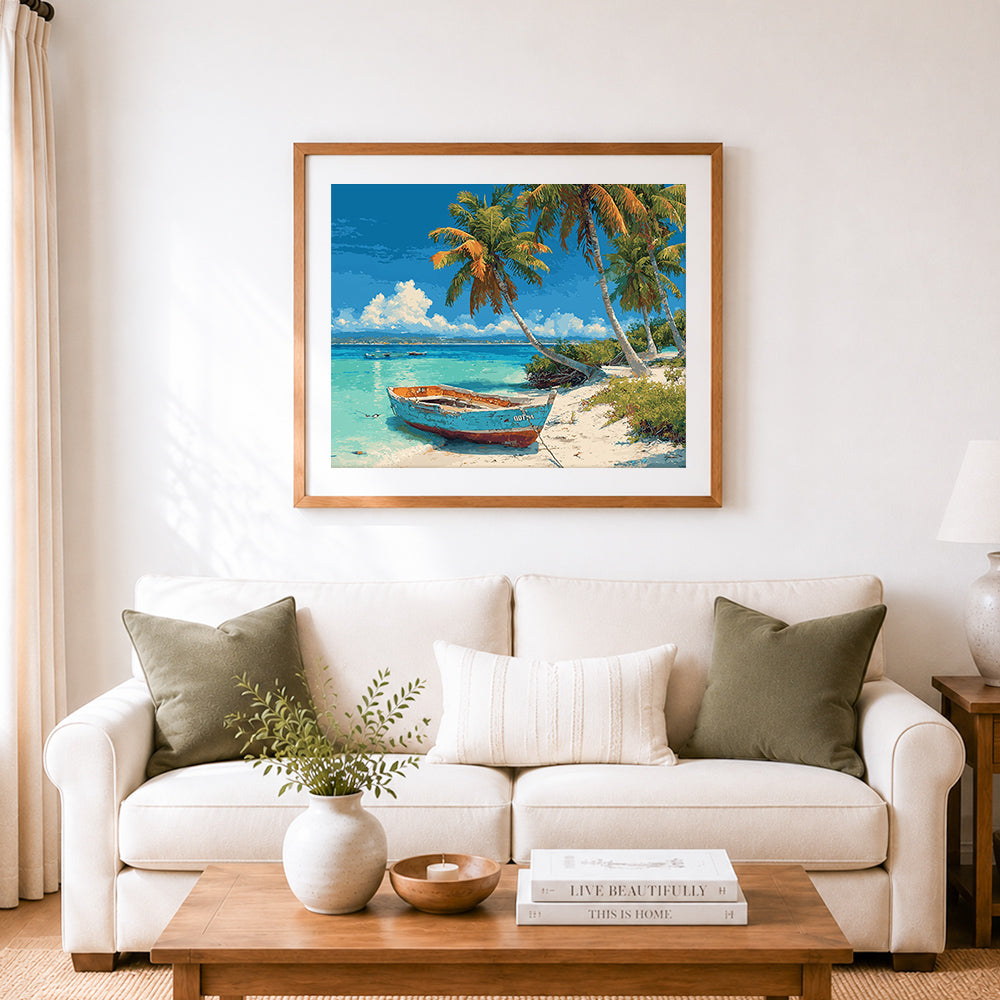 Finished weathered blue boat on tropical sandy beach cross stitch artwork displayed as home decor