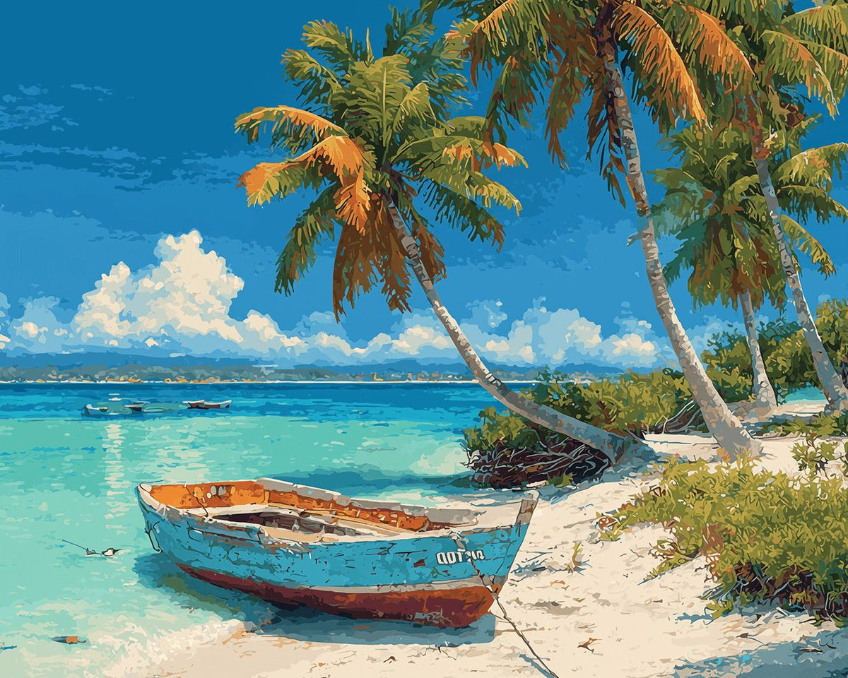 Weathered blue boat on tropical sandy beach cross stitch kit for beginners