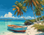 Weathered blue boat on tropical sandy beach cross stitch kit for beginners