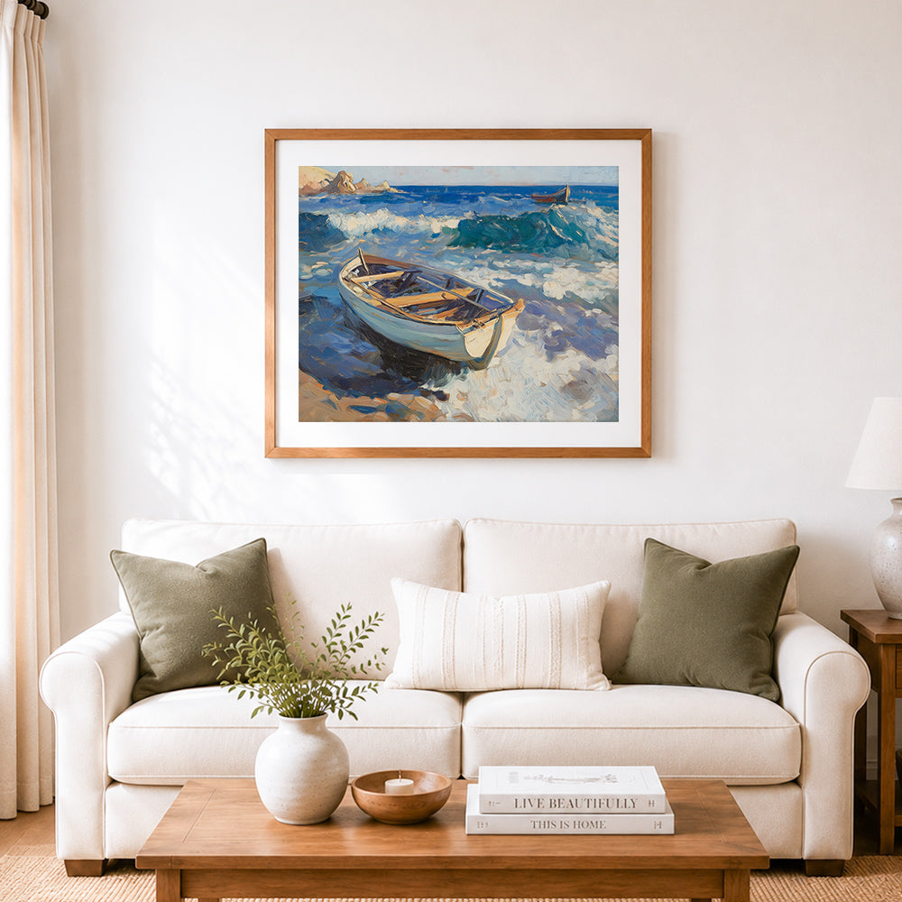 Finished weathered light blue rowboat on sandy beach cross stitch artwork displayed as home decor