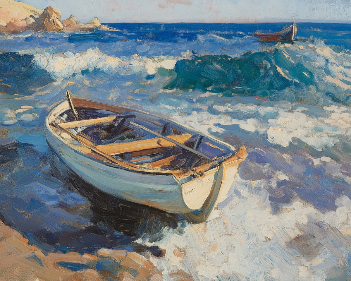 Weathered light blue rowboat on sandy beach cross stitch kit for beginners