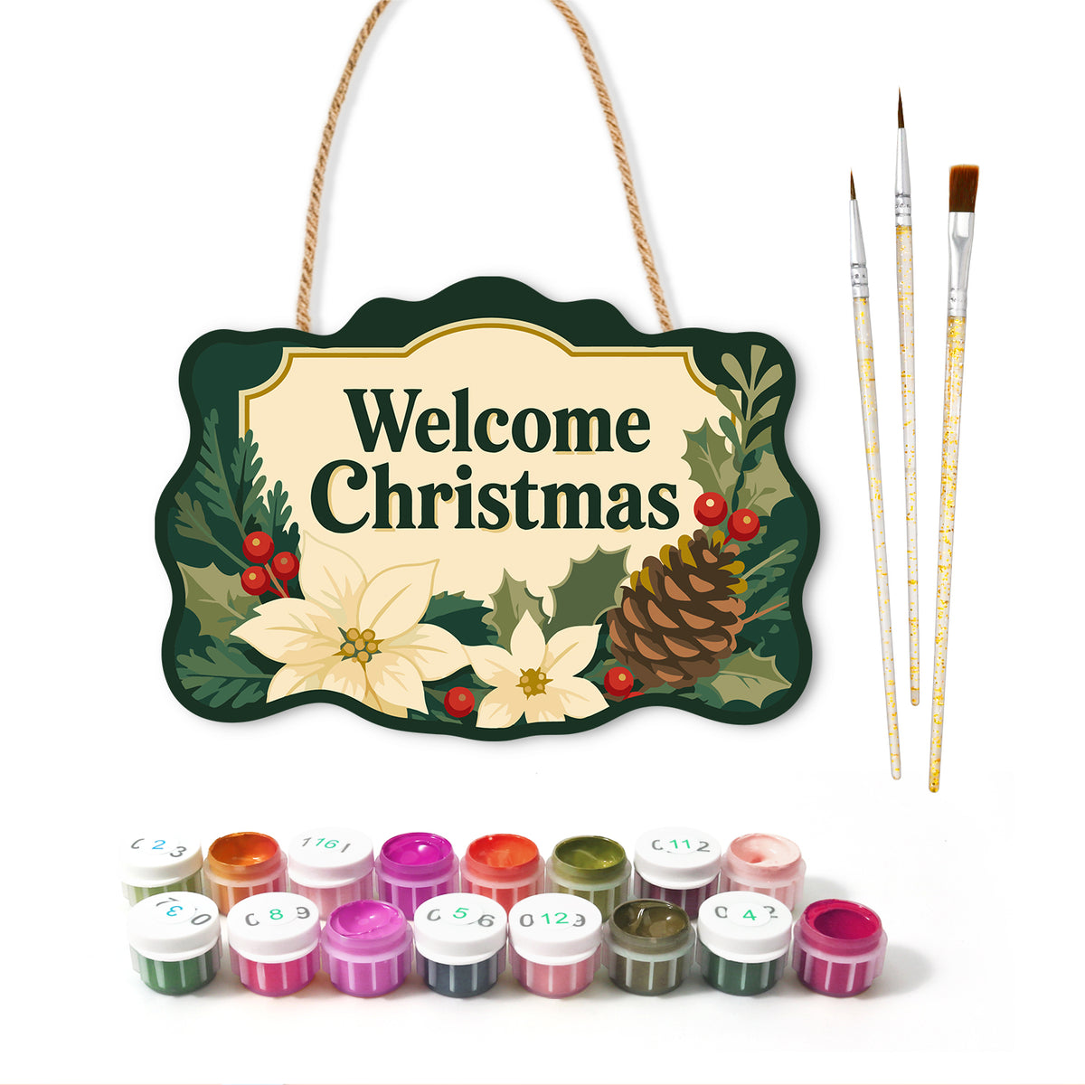 Welcome christmas foliage paint by numbers door hanger with paints and brushes