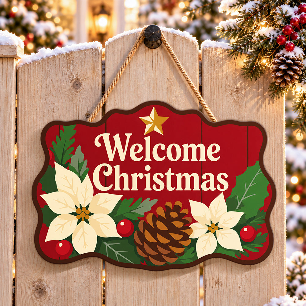 Welcome christmas poinsettia paint by numbers door hanger on a garden gate