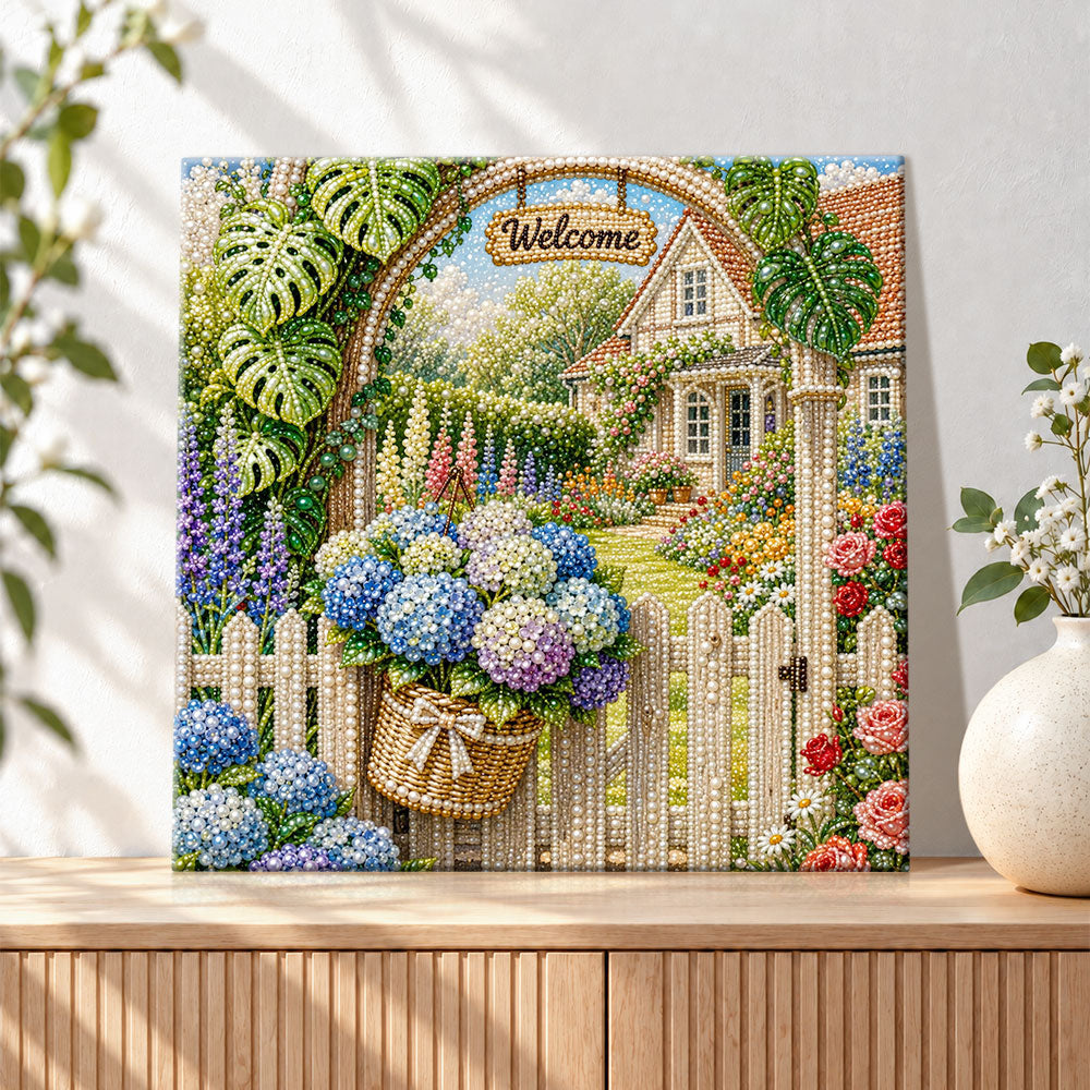 Finished welcome cottage with hydrangeas pearl diamond painting artwork displayed as holiday home decor