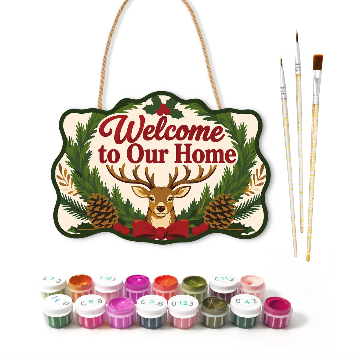 Welcome to our home paint by numbers door hanger with paints and brushes