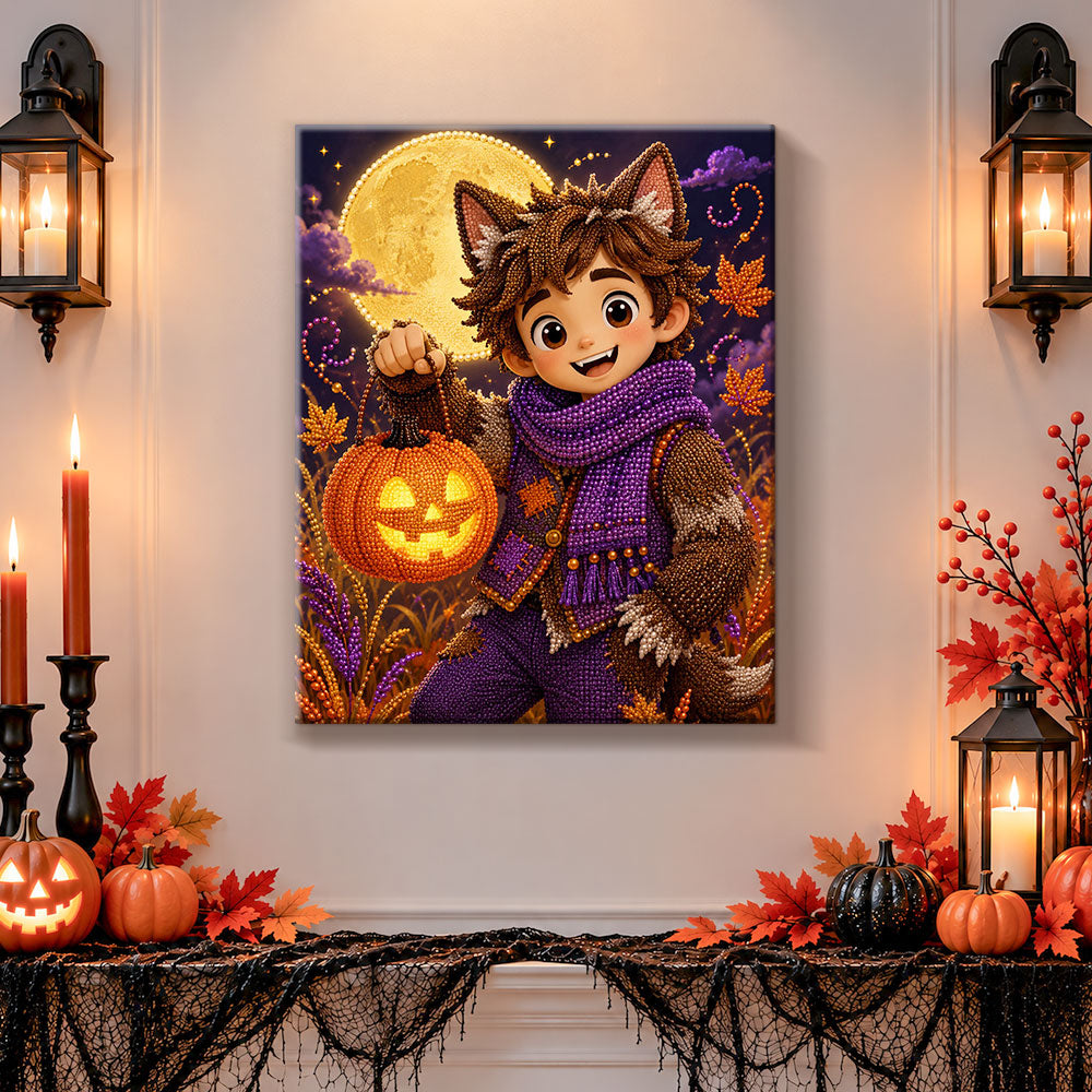 Finished werewolf boy with pumpkin lantern pearl diamond painting artwork displayed as holiday home decor