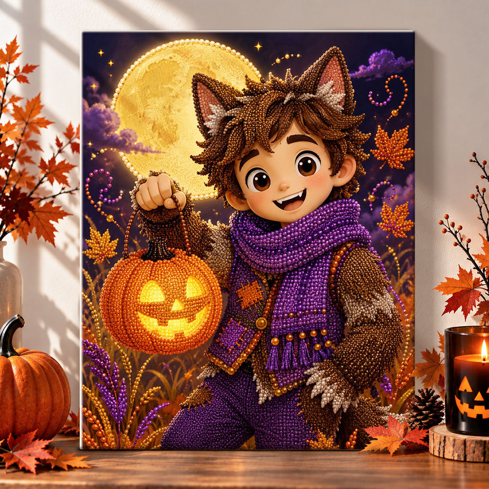 Werewolf boy with pumpkin lantern pearl diamond painting kit for beginners