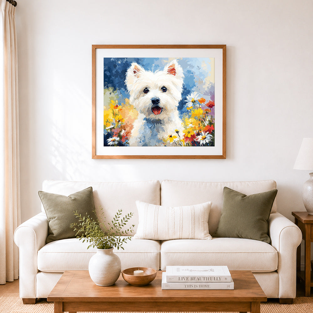 Finished westie surrounded by wild summer flowers cross stitch artwork displayed as home decor