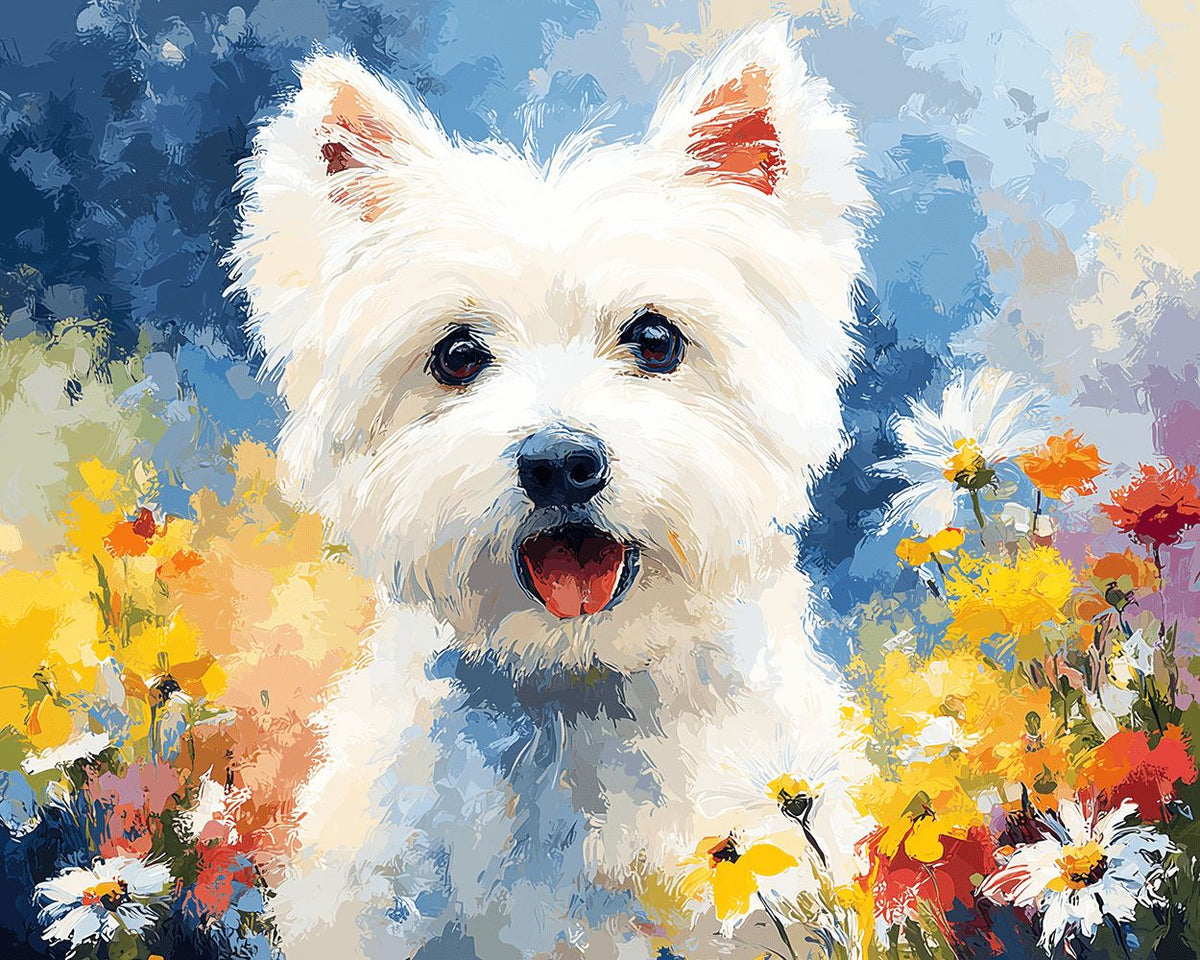 Westie surrounded by wild summer flowers cross stitch kit for beginners