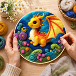 Creating the whimsical baby dragon and colorful spiral plant wool painting by hand with a felting needle