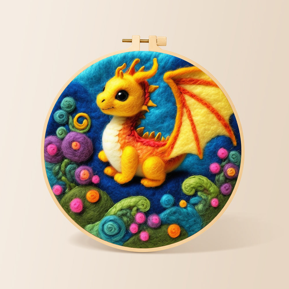 Whimsical baby dragon and colorful spiral plant needle felting kit for beginners with a round wooden frame