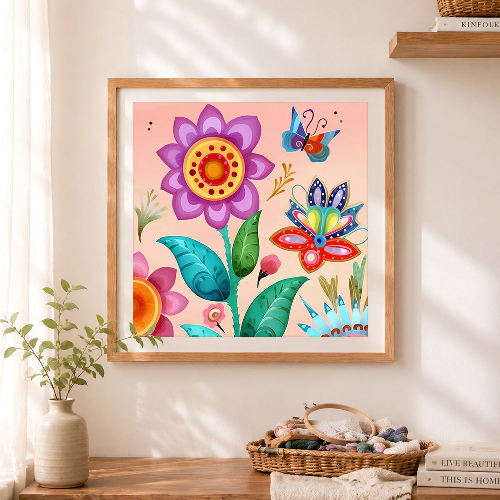 Finished whimsical butterfly and flower cross stitch artwork displayed as home decor