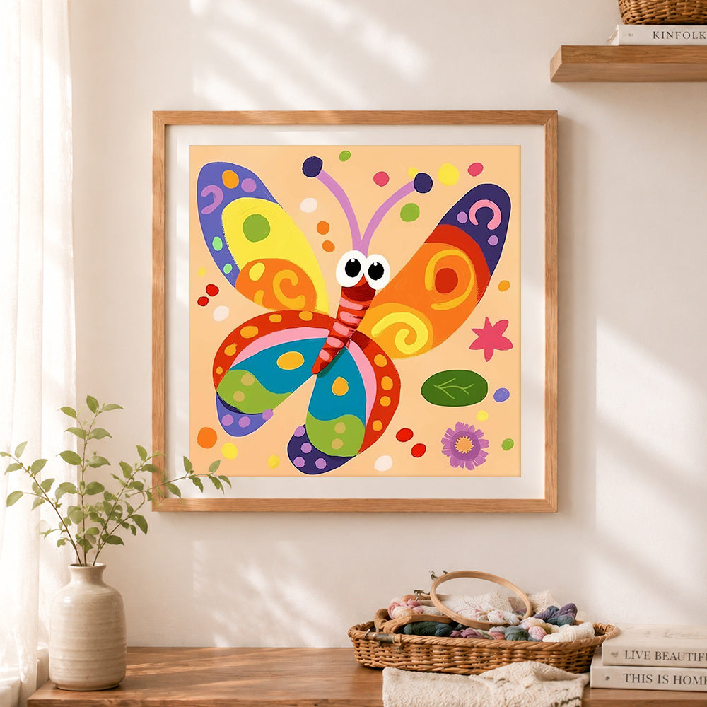 Finished whimsical cartoon butterfly cross stitch artwork displayed as home decor