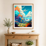 Finished whimsical colorful cloud mountain scenery cross stitch artwork displayed as home decor