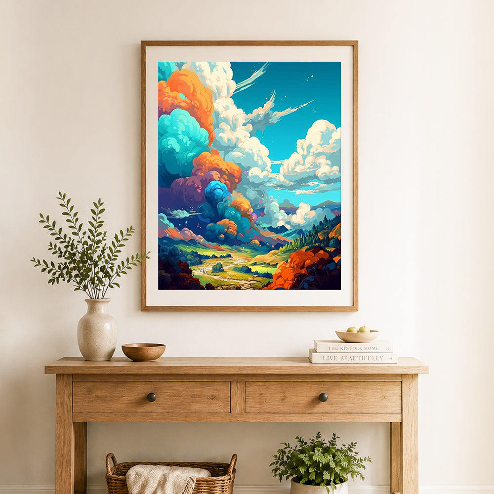 Finished whimsical colorful cloud mountain scenery cross stitch artwork displayed as home decor