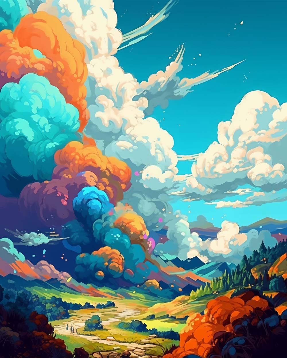 Whimsical colorful cloud mountain scenery cross stitch kit for beginners
