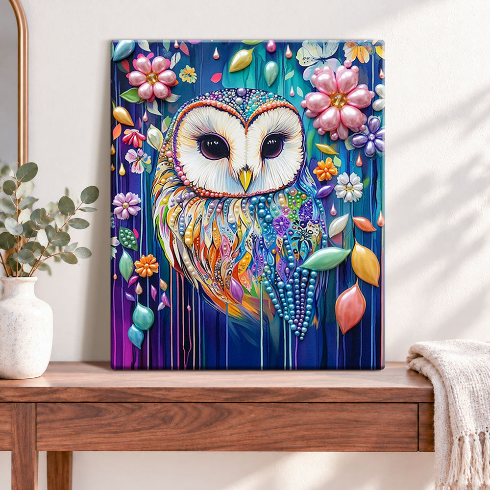 Finished whimsical colorful owl pearl diamond painting artwork displayed as home decor