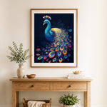 Finished whimsical colorful peacock cross stitch artwork displayed as home decor