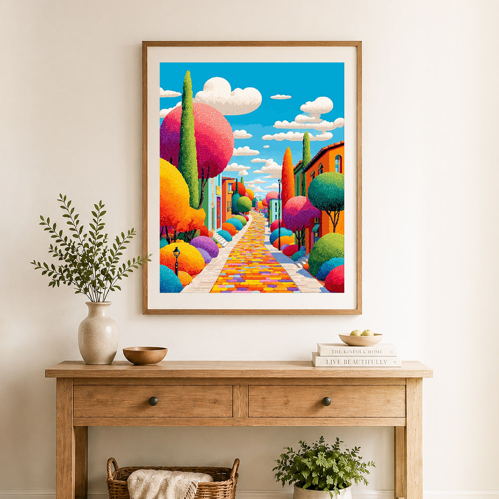 Finished whimsical colorful town cross stitch artwork displayed as home decor