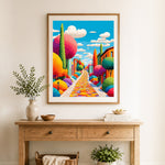 Finished whimsical colorful town cross stitch artwork displayed as home decor
