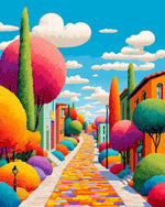 Whimsical colorful town cross stitch kit for beginners