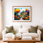 Finished whimsical colorful village cross stitch artwork displayed as home decor