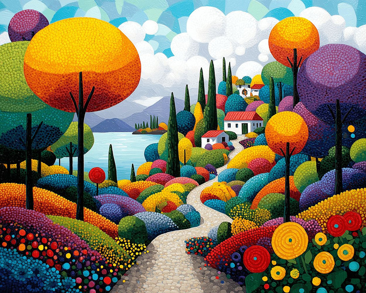 Whimsical colorful village cross stitch kit for beginners