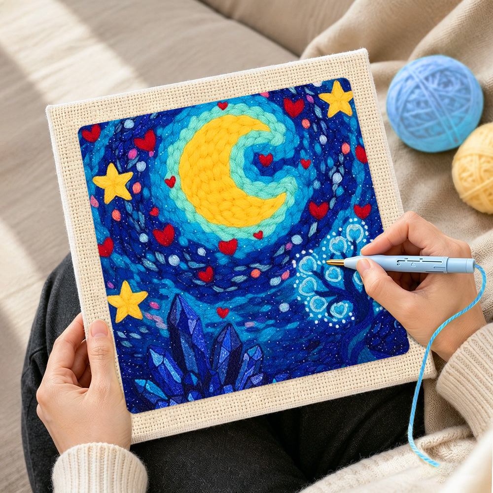 Creating handmade whimsical crescent moon, stars and crystal tree punch needle artwork