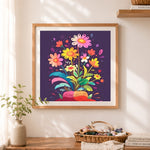 Finished whimsical daisy bouquet cross stitch artwork displayed as home decor