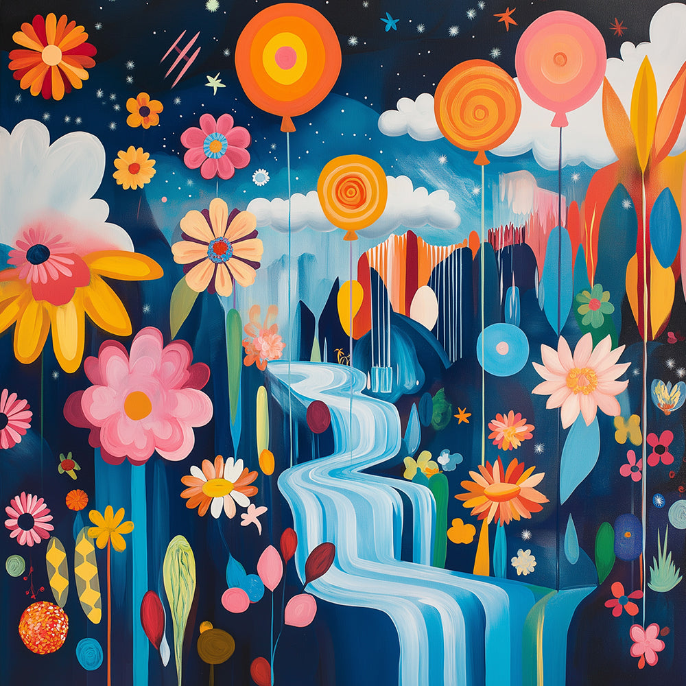 Whimsical floral waterfall scene cross stitch kit for beginners