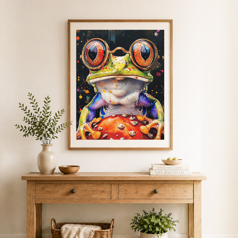 Finished whimsical frog with big goggles cross stitch artwork displayed as home decor