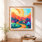Finished whimsical hillside homes cross stitch artwork displayed as home decor