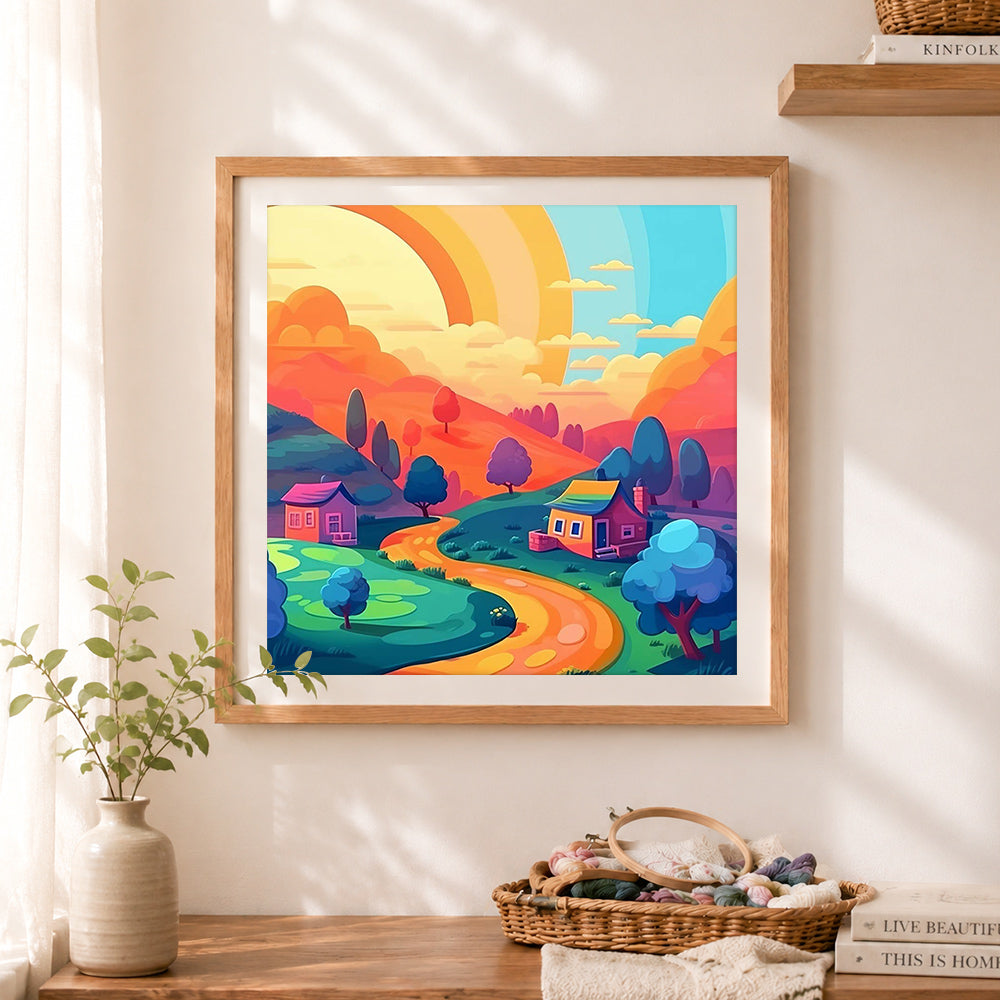 Finished whimsical hillside homes cross stitch artwork displayed as home decor