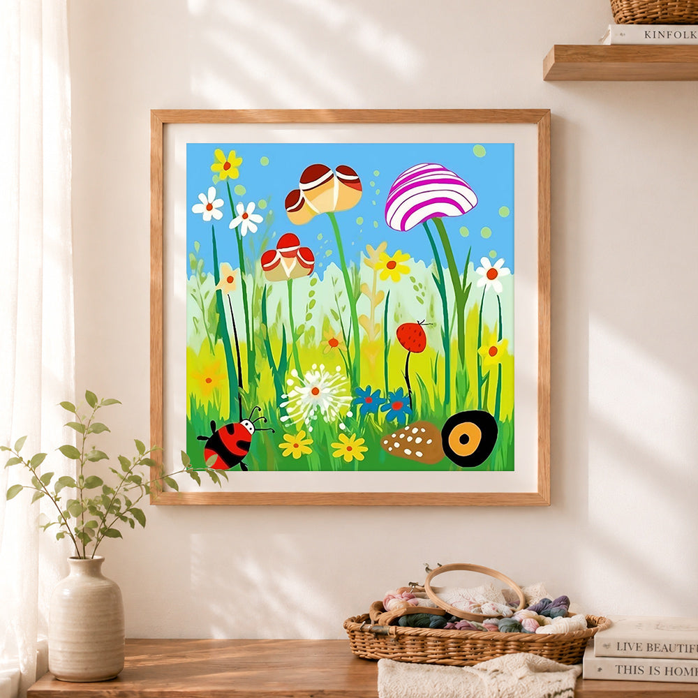 Finished whimsical meadow scene cross stitch artwork displayed as home decor
