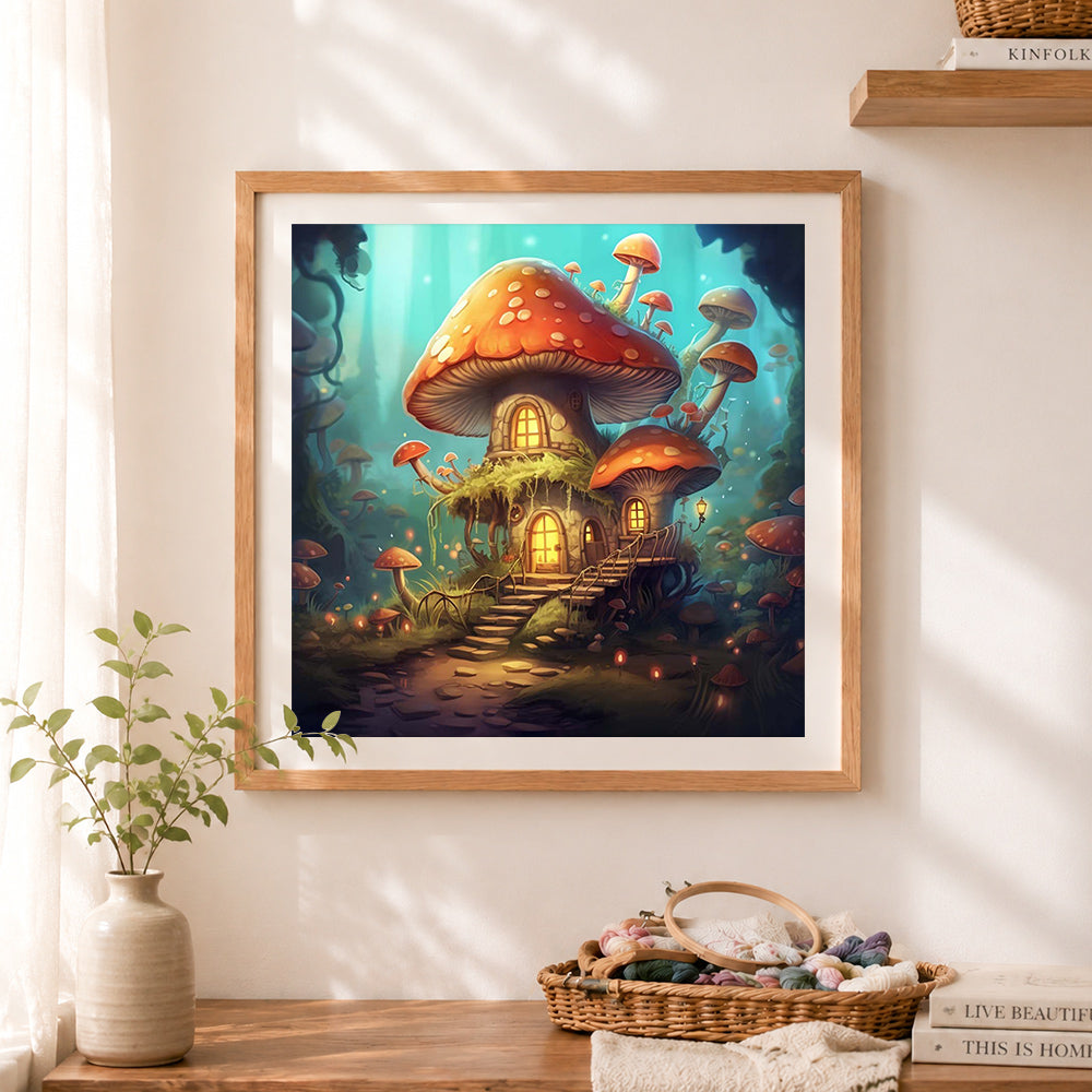 Finished whimsical mushroom cottage cross stitch artwork displayed as home decor