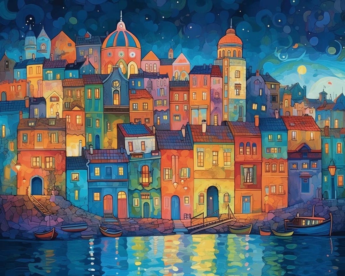 Whimsical night harbor town cross stitch kit for beginners