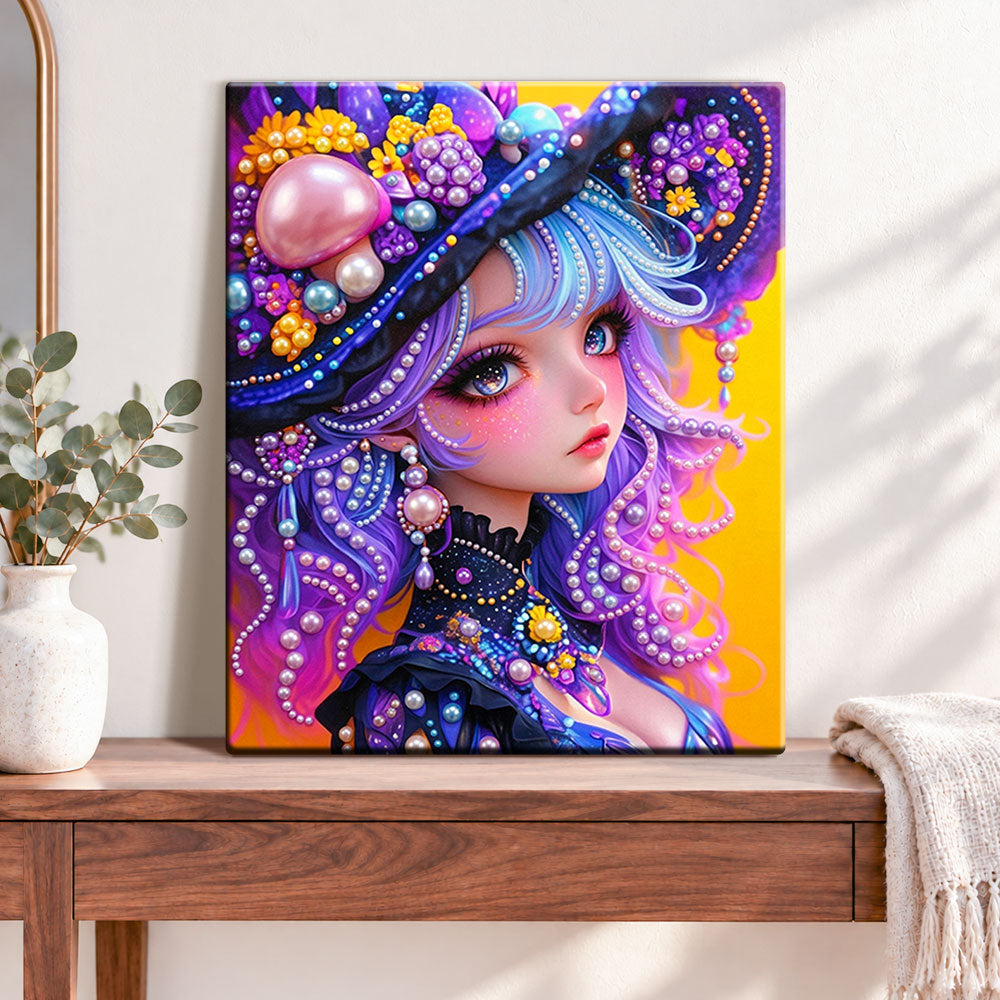 Finished whimsical pearl beauty pearl diamond painting artwork displayed as home decor