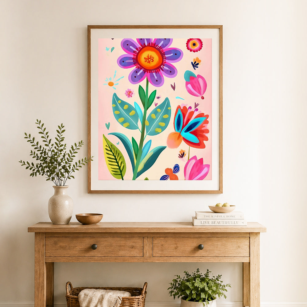 Finished whimsical spring floral cross stitch artwork displayed as home decor