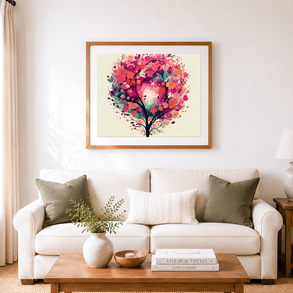 Finished whimsical watercolor blossom tree cross stitch artwork displayed as home decor